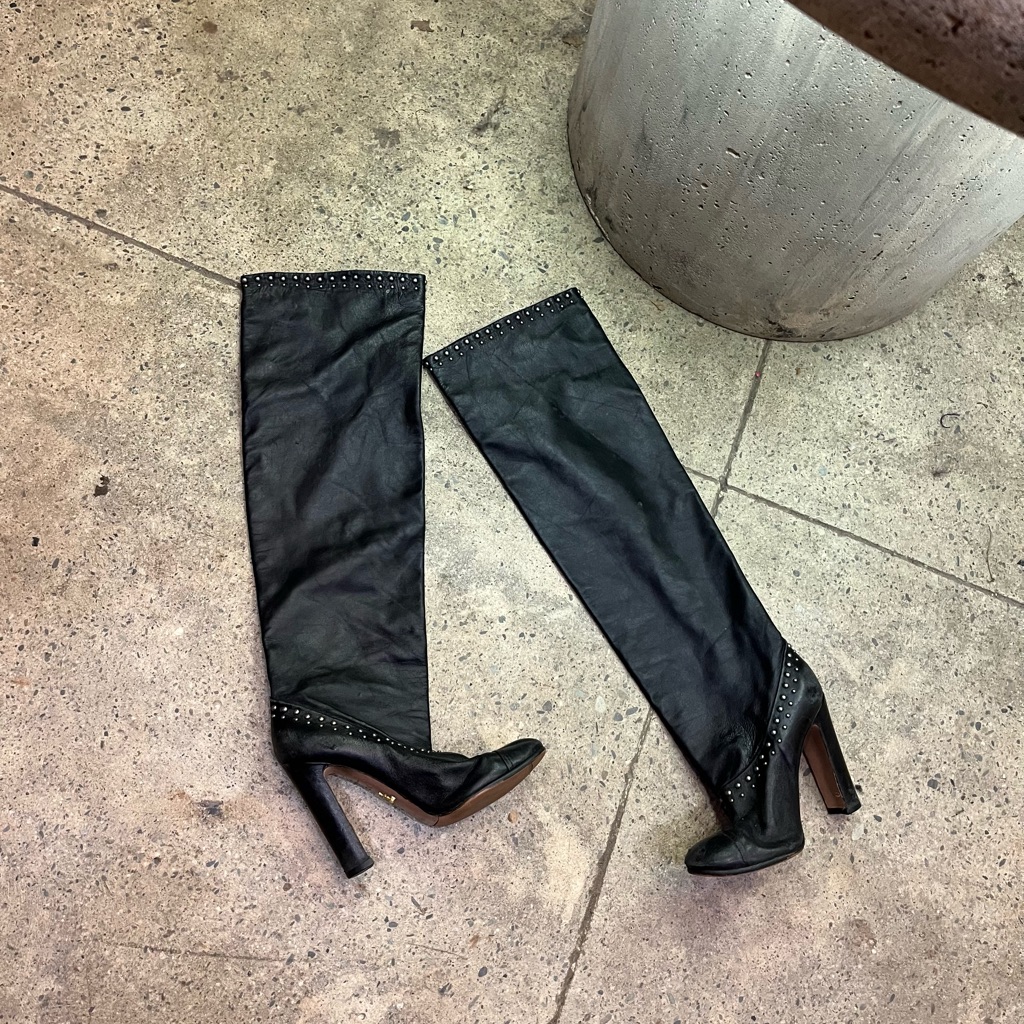 Prada Black Over The Knee Boots With Studs
